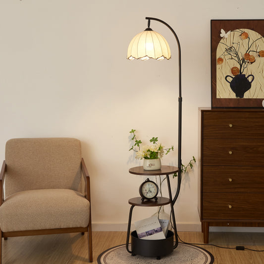 Vintage Floor Lamp with Petal Shade and Three Tier Wood Shelf in Black Metal Frame for Living Room or Bedroom