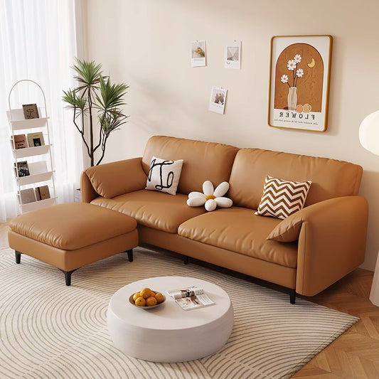 Modern Caramel Faux Leather Sofa with Removable Ottoman and Plush Cushions for Contemporary Living Rooms and Stylish Apartment Interiors