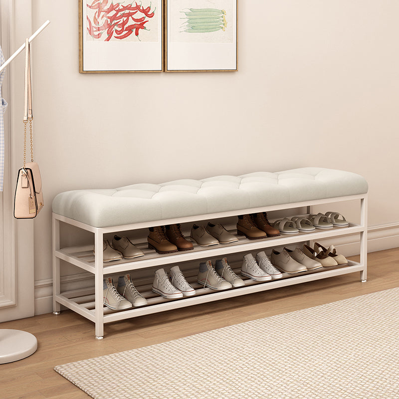 Tufted Entryway Bench with Cushioned Seat and Three Tier Shoe Rack for Hallway or Bedroom