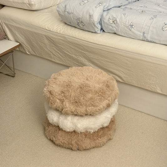 Fluffy Stacked Round Ottoman with Soft Faux Fur Layers in Neutral Tones for Bedroom Living Room or Cozy Corner Accent Seat