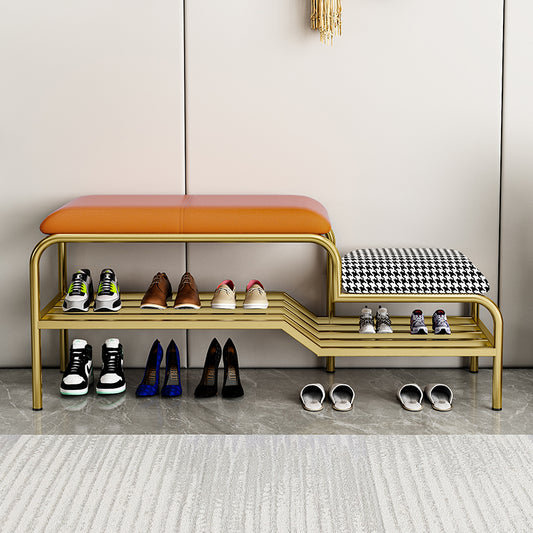 Two Seat Shoe Storage Bench with Faux Leather and Houndstooth Cushions and Gold Metal Frame for Entryway or Bedroom