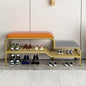 Two Seat Shoe Storage Bench with Faux Leather and Houndstooth Cushions and Gold Metal Frame for Entryway or Bedroom