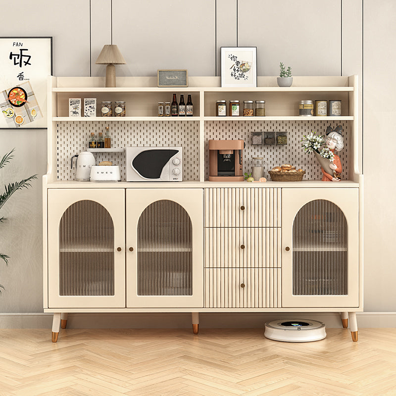 Modern Cream Kitchen Hutch Cabinet with Fluted Glass Doors and Open Shelves a€?Multi-Storage Sideboard Buffet for Dining Room or Coffee Station