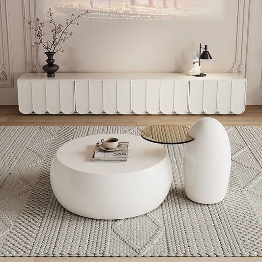 Modern White TV Stand with Scalloped Panel Doors and Minimalist Design for Elegant Living Room Entertainment Setup