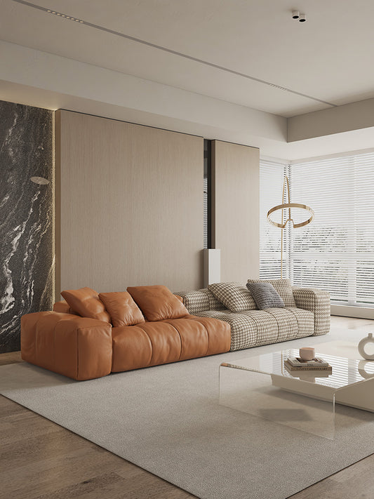 Designer Modular Sofa a€?Mixed Leather & Houndstooth Fabric Sectional in Caramel and Monochrome
