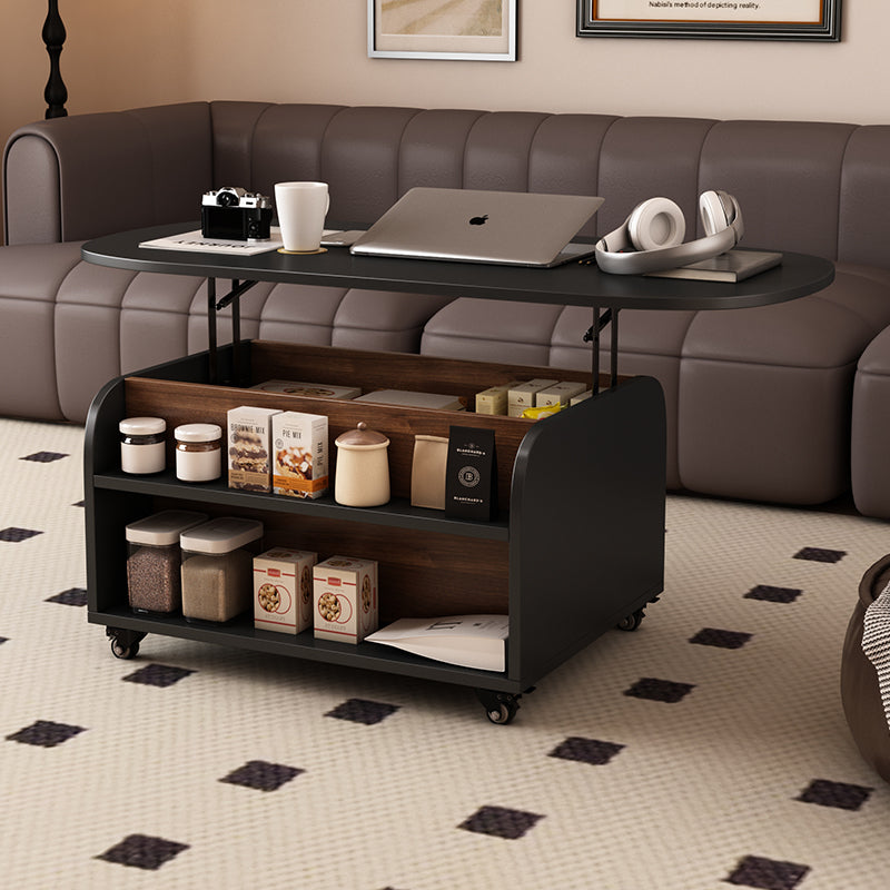 Industrial Lift Top Coffee Table with Open Storage Shelves and Rolling Casters for Living Room, Office, or Pantry Use