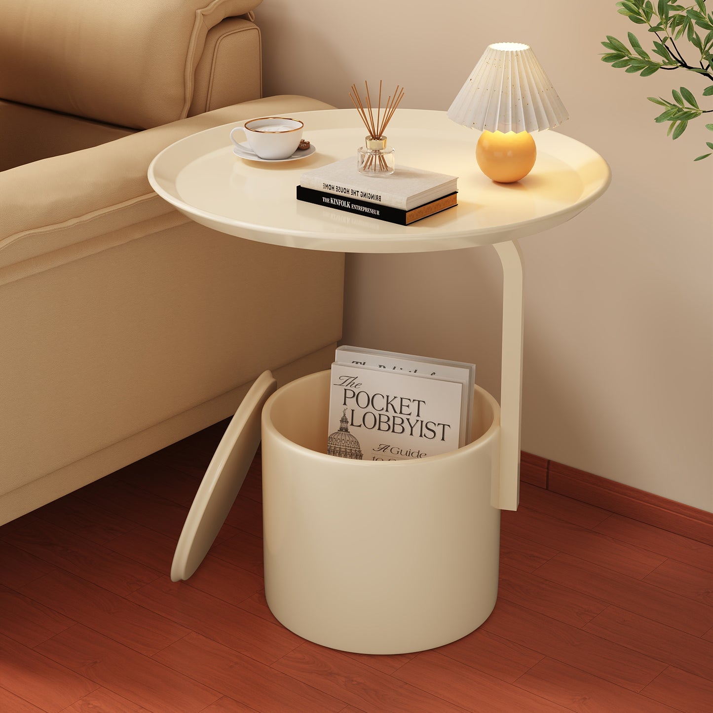Modern Cream Side Table with Hidden Storage Compartment and Round Tray Top for Living Room, Sofa Side or Small Spaces