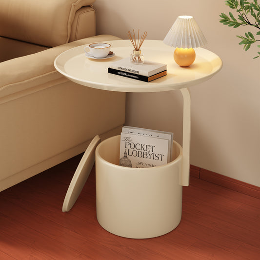 Modern Cream Side Table with Hidden Storage Compartment and Round Tray Top for Living Room, Sofa Side or Small Spaces