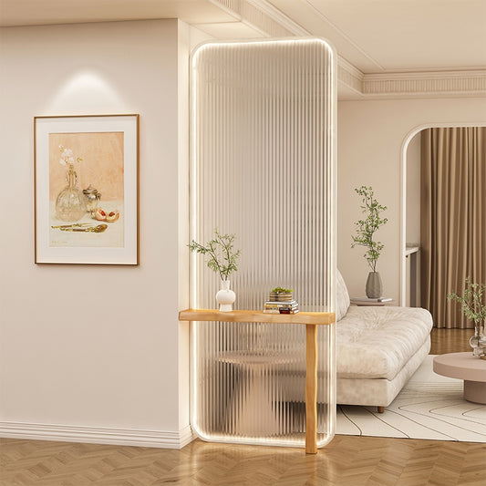 Modern LED Glass Room Divider with Vertical Ribbed Panel and Wooden Shelf for Living Room or Entryway Accent Partition