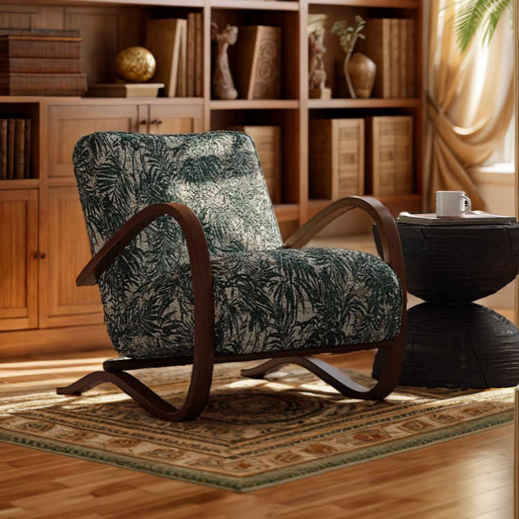 Tropical Print Mid-Century Style Lounge Chair with Curved Wood Frame for Living Room or Reading Nook
