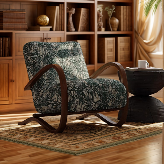 Tropical Print Mid-Century Style Lounge Chair with Curved Wood Frame for Living Room or Reading Nook
