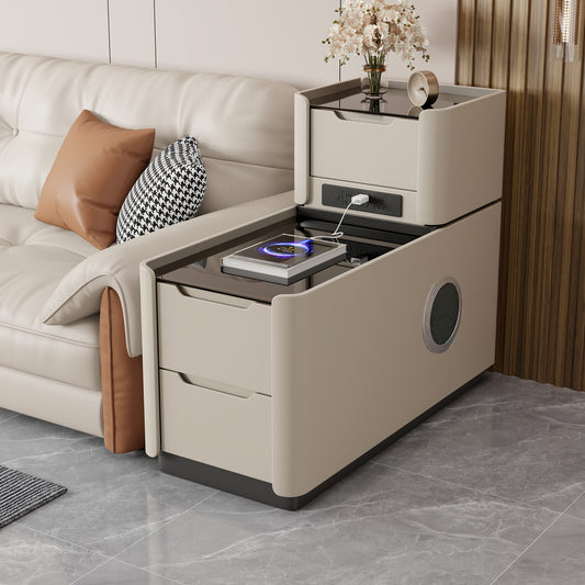 Multifunctional Sofa Side Table with Wireless Charging USB Ports Drawers and Bluetooth Speaker for Modern Living Room