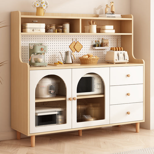 Scandinavian Kitchen Buffet Cabinet with Pegboard Back & Arched Glass Doors a€?Multi-Storage Coffee Bar Sideboard with Drawers & Shelves