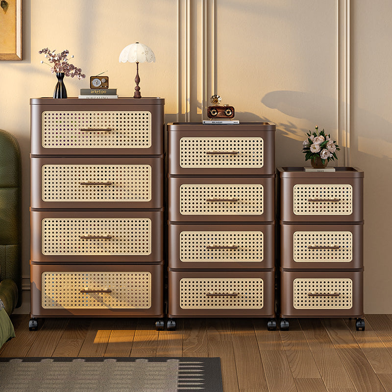 Modern Rattan-Style Plastic Storage Drawers on Wheels a€?Stackable Brown Cabinets for Bedroom, Closet, or Office Organization