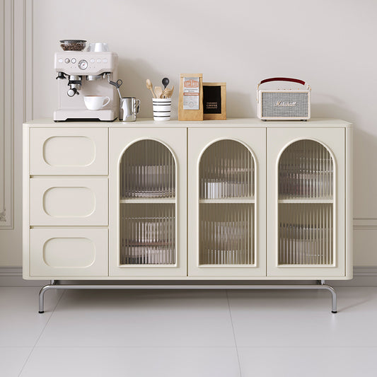 Modern Cream Sideboard Buffet Cabinet with Arched Fluted Glass Doors and Drawers a€?Sleek Storage Unit for Dining Room, Kitchen, or Coffee Station