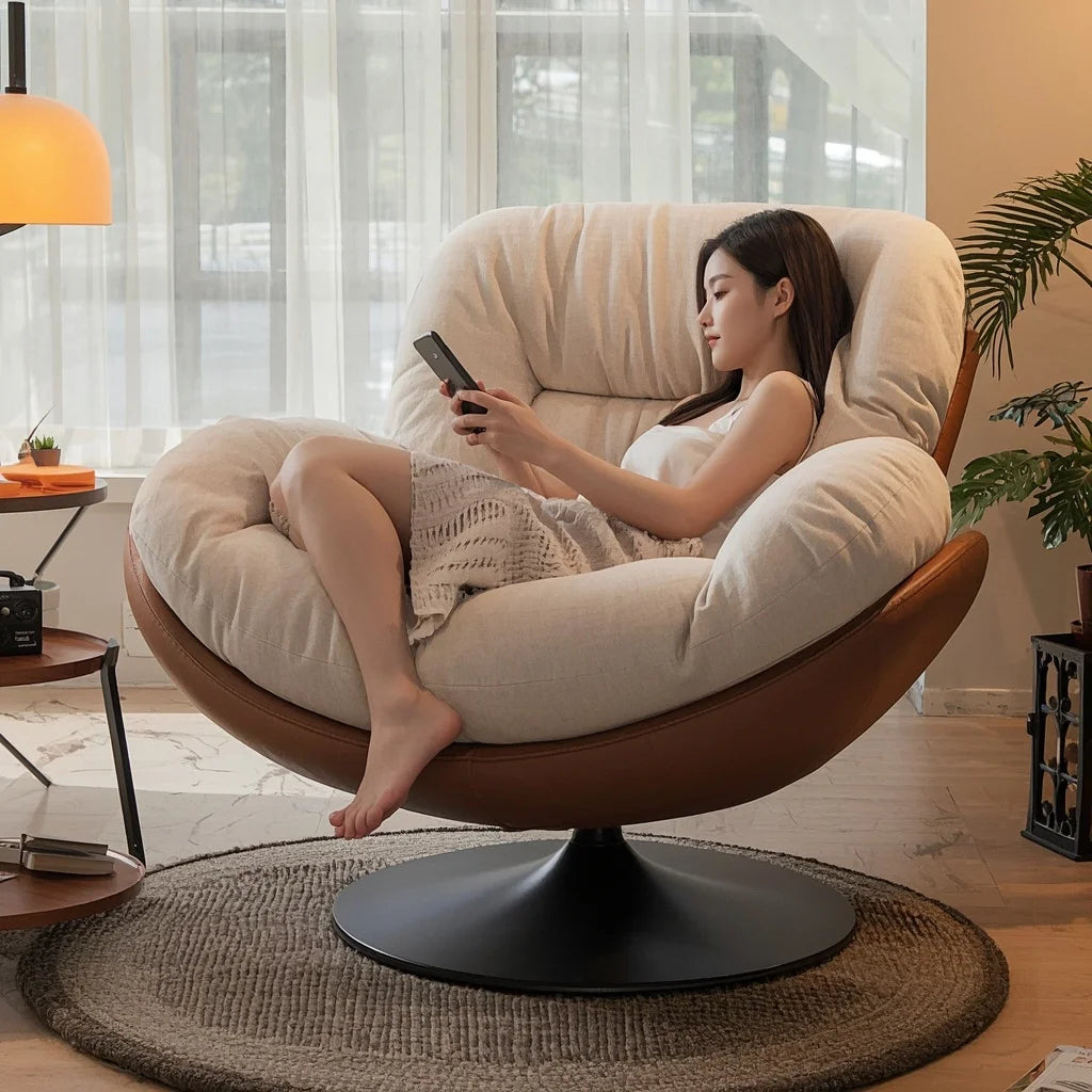 Modern Swivel Lounge Chair with Tufted Cushion and Faux Leather Shell for Living Room, Reading Nook or Cozy Corner