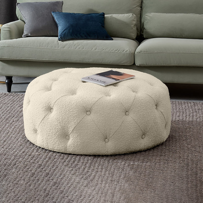Round Tufted Ottoman with Boucle Upholstery and Button Detailing for Living Room Coffee Table or Elegant Lounge Seating