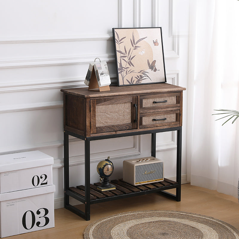 Rustic Industrial Console Table with Drawers and Shelf a€?Reclaimed Wood Finish and Black Metal Frame for Entryway or Living Room