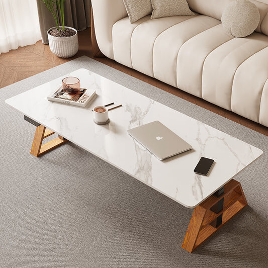 Modern Rectangular Coffee Table with Faux Marble Top and Wooden Geometric Base for Living Room or Office Lounge