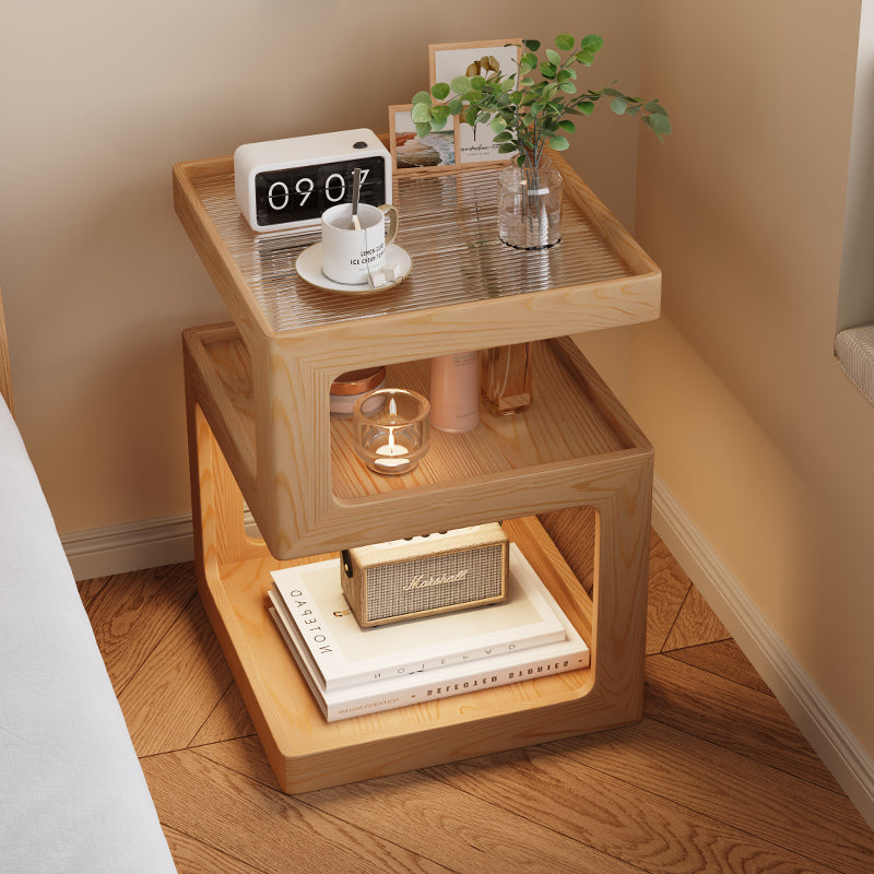 Wooden Nightstand Side Table with Open Shelves and Built-in LED Light for Bedroom or Living Room