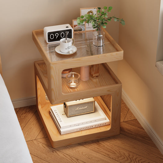 Wooden Nightstand Side Table with Open Shelves and Built-in LED Light for Bedroom or Living Room