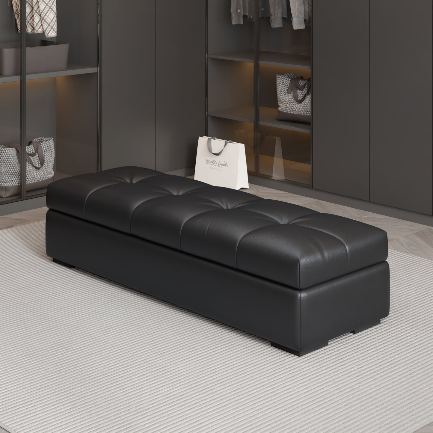 Tufted Faux Leather Storage Bench with Flip Top Lid for Bedroom or Walk In Closet