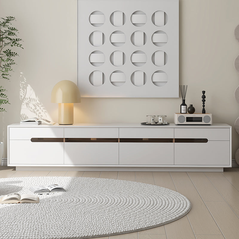 Minimalist White TV Stand with Black Glass Accent Strip and Push-to-Open Drawers for Contemporary Living Room Display