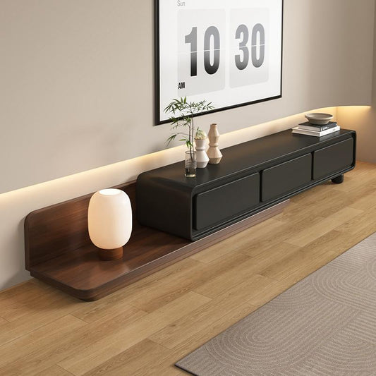 Modern Black and Walnut TV Stand with Layered Base, Rounded Corners, and Ambient Wall Lighting for Minimalist Living Room