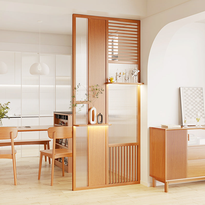 Japandi Style Wooden Room Divider with Ribbed Glass Panels and Display Shelf for Dining Room or Living Space Partition