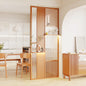 Japandi Style Wooden Room Divider with Ribbed Glass Panels and Display Shelf for Dining Room or Living Space Partition