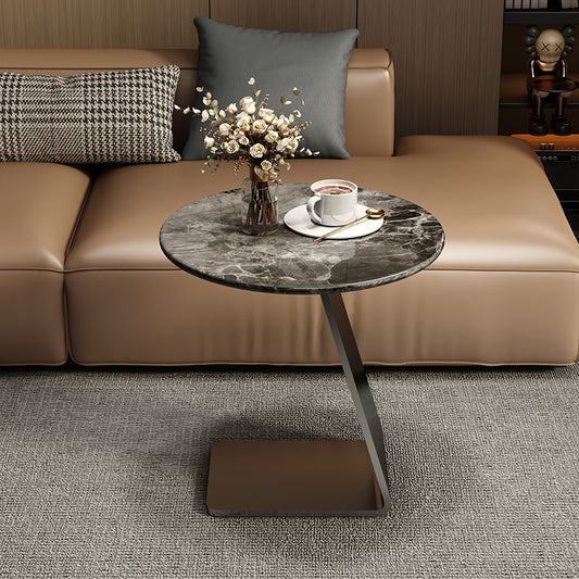 Modern Round Side Table with Faux Marble Top and Metal Z Shaped Base for Living Room or Lounge Area