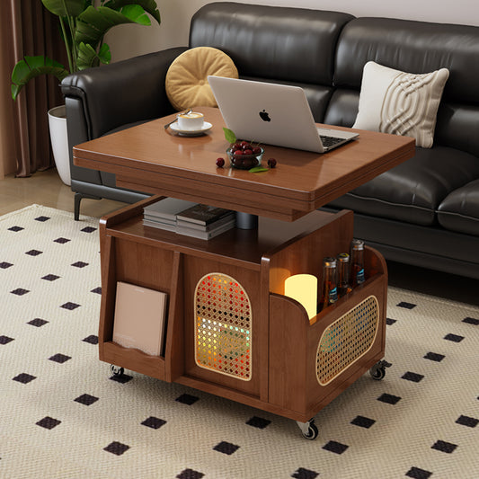 Vintage Lift Top Coffee Table with Rattan Accents, Hidden Storage & Rolling Wheels for Living Room or Home Office