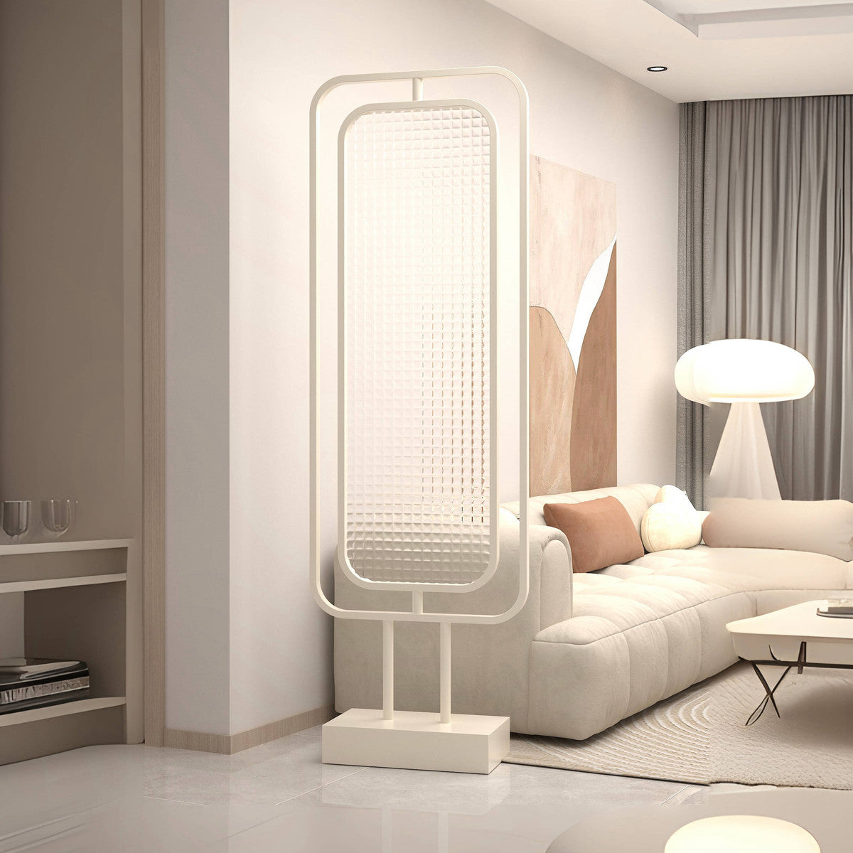 Modern Freestanding Room Divider with Textured Glass Panel and Curved Metal Frame for Minimalist Living Room or Studio