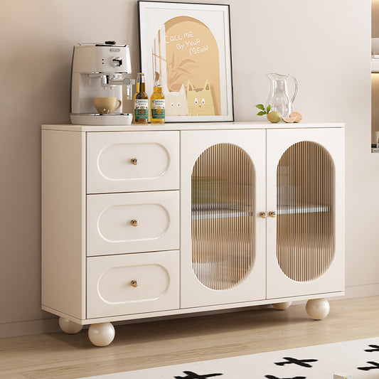 Modern Cream Sideboard Cabinet with Fluted Glass Doors & Rounded Drawers a€?Elegant Storage Buffet for Living Room, Dining Area, or Coffee Bar