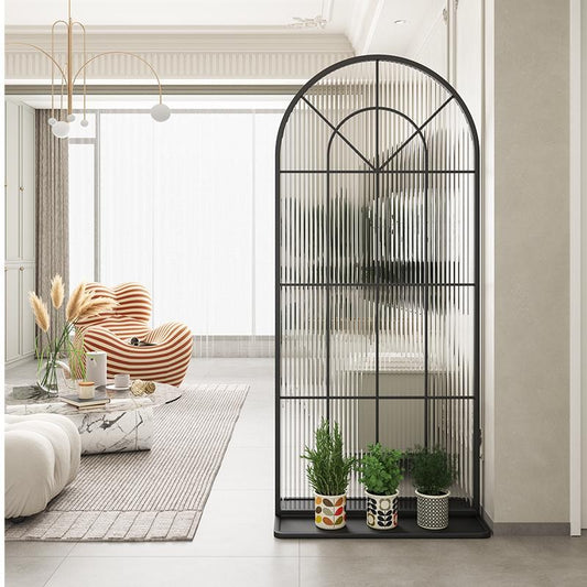 Arched Glass Room Divider with Vertical Fluted Panels and Black Metal Frame for Modern Living Room or Entryway Partition