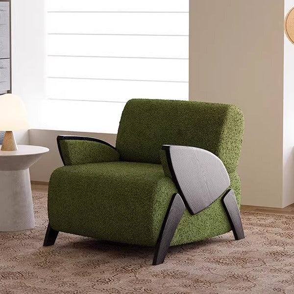 Modern Lounge Chair with Textured Green Upholstery and Sculptural Wood Armrests for Living Room, Study, or Statement Seating Area