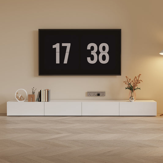 Ultra Low Profile Minimalist White TV Stand with Handleless Drawers for Modern Living Room and Media Storage