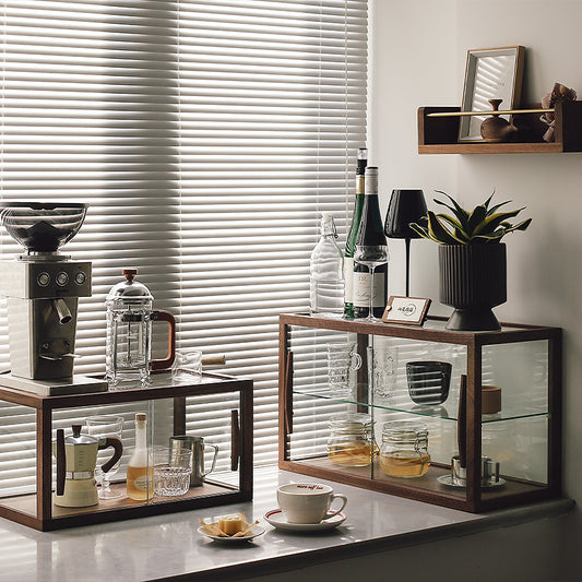 Vintage Wooden Glass Display Box with Shelf for Coffee Bar Tea Set or Countertop Storage