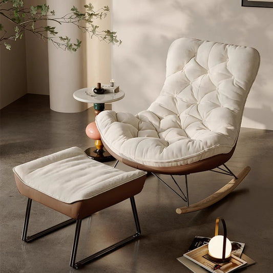 Modern Tufted Rocking Chair with Ottoman, Cream Cushion and Faux Leather Shell for Living Room, Bedroom or Reading Nook
