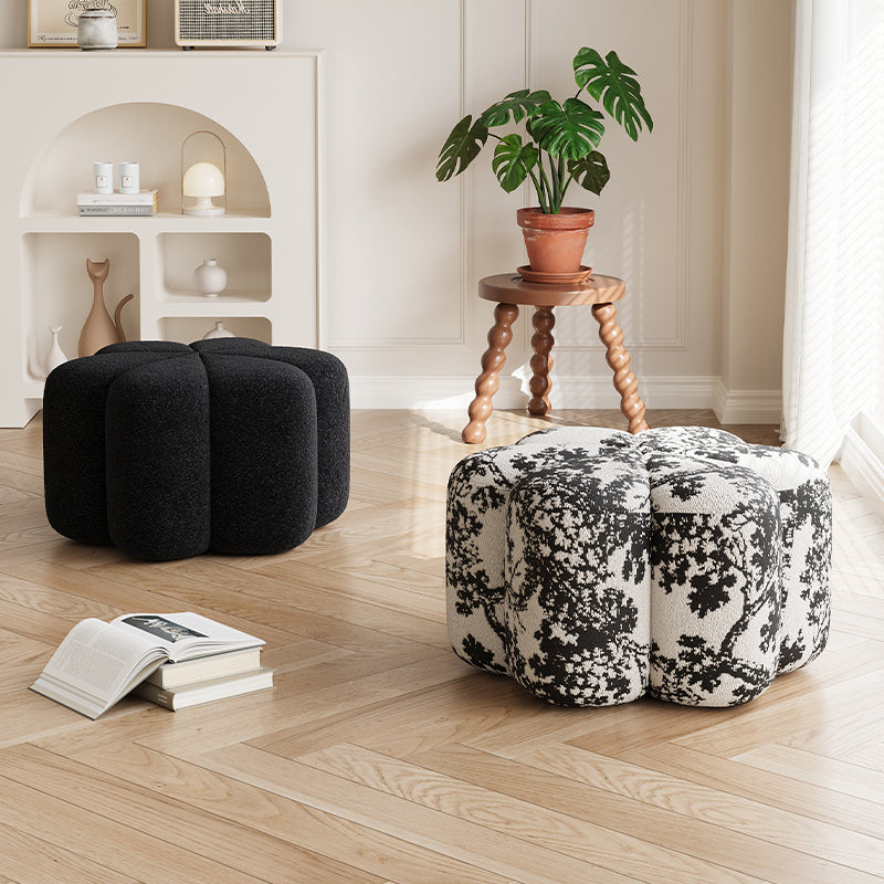Petal Shaped Upholstered Ottoman Pouf in Solid Black or Artistic Print for Living Room Bedroom or Modern Lounge Seating Accent