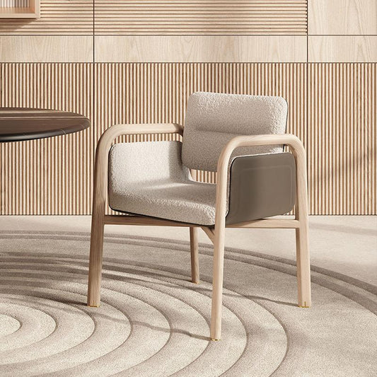 Modern Upholstered Accent Chair with Curved Wood Frame and Mixed Material Arm Detail for Dining Room or Lounge