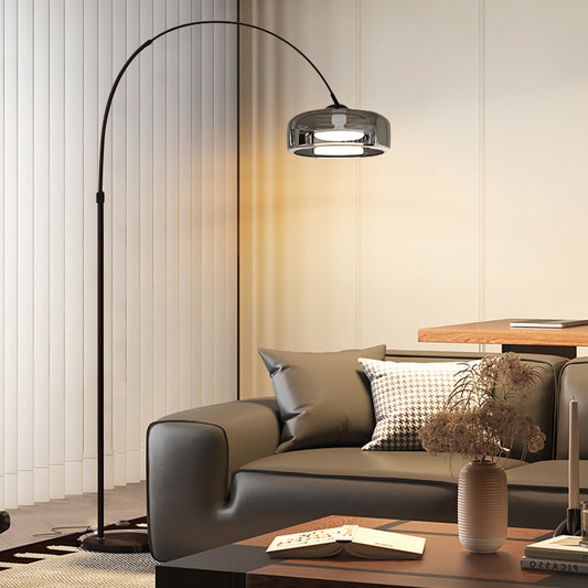 Modern Arc Floor Lamp with Smoked Glass Shade and Black Metal Frame for Living Room or Office