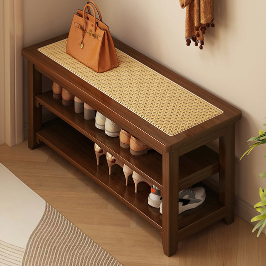 Solid Wood Shoe Bench with Rattan Seat and Three Tier Storage for Entryway or Living Room