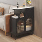 Modern Black Side Cabinet with Fluted Glass Doors and Marble Top for Entryway or Living Room Storage