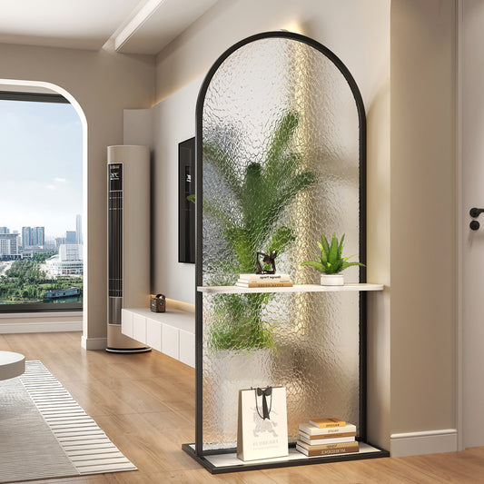 Arched Textured Glass Room Divider with Display Shelves and Black Metal Frame for Modern Living Room or Entryway