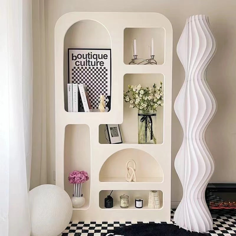Modern Sculptural Cream Bookshelf with Asymmetrical Open Shelves for Living Room or Studio Display