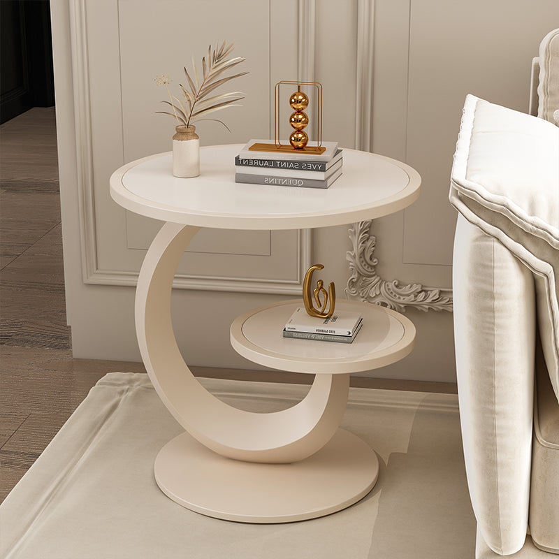 Modern Round Side Table with Curved Base and Two Tier Storage for Living Room or Bedroom
