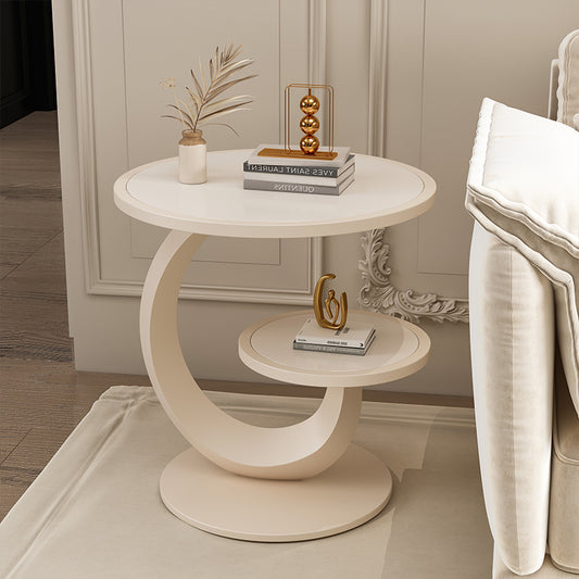 Modern Round Side Table with Curved Base and Two Tier Storage for Living Room or Bedroom