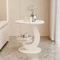 Modern Sculptural Side Table with Curved Base and Mesh Storage Tray a€?Round Cream Accent Table for Living Room or Bedroom
