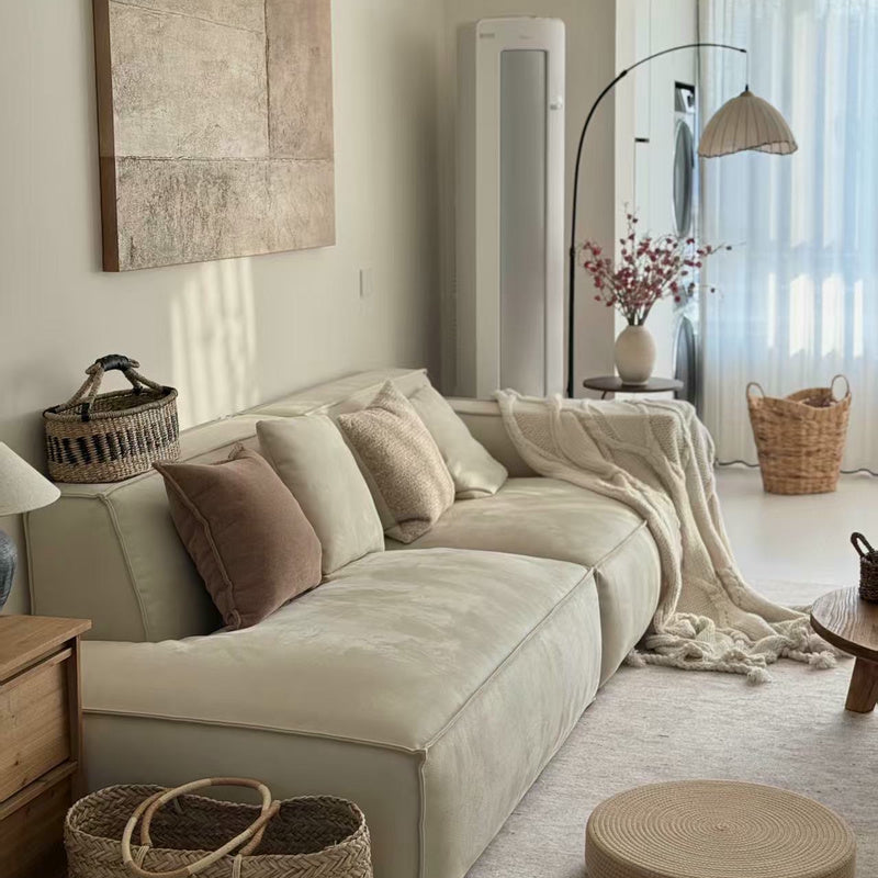 Minimalist Cream Lounge Sofa a€?Deep-Seat 3-Seater with Soft Fabric and Casual Wabi-Sabi Aesthetic